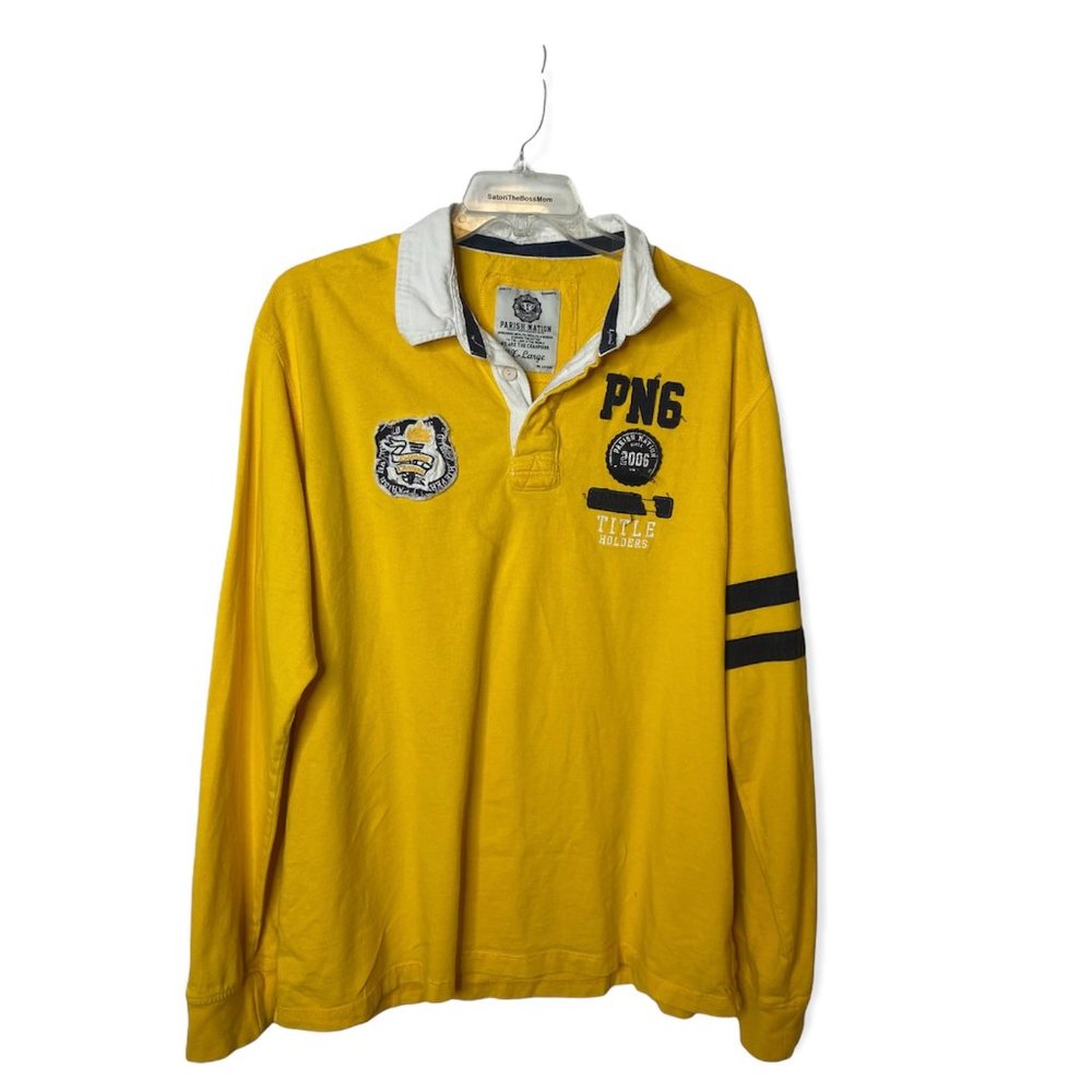 Parish Nation Men's Size 3XL Yellow Blue Striped Long Sleeve Cotton Polo Shirt